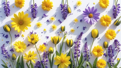 Poster - Bright spring floral composition featuring yellow and purple wildflowers on a white background with natural sunlight for Women's Day and Easter themes.