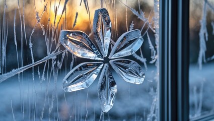 Poster - Frosted window with intricate ice flower patterns at sunrise, showcasing winter's beauty and low morning temperatures.