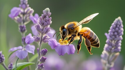 Aufkleber - Honey Bee Pollinating Purple Flower in a Lush Green Garden Setting with Soft Focus Background