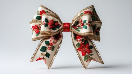 Aufkleber - Elegant Holiday Ribbon Bow Decorated with Floral Designs on White Background
