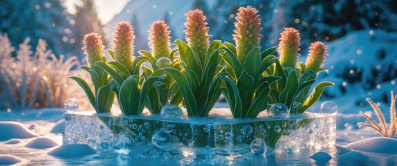 Leinwandbilder - Frozen plants encased in ice with air bubbles glistening in a winter landscape, showcasing nature's beauty in a crystalline design.