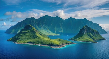 Leinwandbilder - Aerial View of Lush Green Islands Surrounded by Turquoise Waters and Majestic Mountains Under a Bright Blue Sky