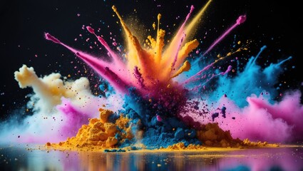 Vibrant color powder explosion on dark background showcasing dynamic motion and vivid hues for abstract art concepts and creative designs.