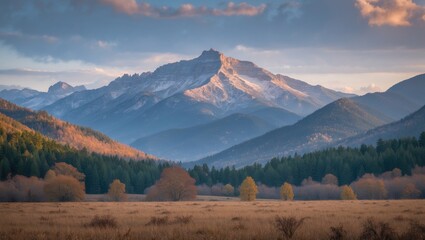 Sticker - Majestic Mountain Range Surrounded by Vibrant Forests and Scenic Landscape at Dusk