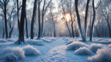 Aufkleber - Frozen Winter Wonderland Sunrise Illuminating Icy Trees and Snow-Covered Ground in a Serene Forest Landscape