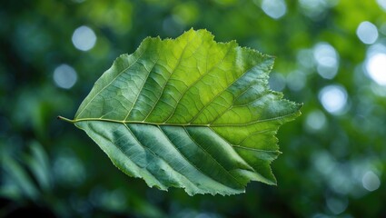 Wall Mural - Vibrant green leaf captured in a serene nature setting showcasing intricate details and beauty of the natural world.