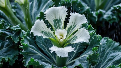 Aufkleber - White Kale Flowers Adorned with Raindrops on Lush Green Leaves in a Fresh Garden Setting