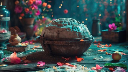 Poster - Aged rustic bowl surrounded by vibrant petals and flowers creating a warm and inviting ambiance on a wooden tabletop.