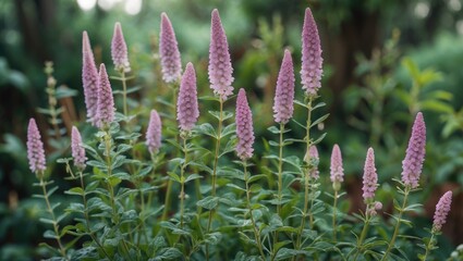 Aufkleber - Hyptis plant genus with pink flowering bushes in a natural setting featuring ample space for text overlay and creative design.