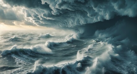 Leinwandbilder - Dramatic Ocean Waves Under Dark Stormy Clouds with Space for Text and Visual Impact