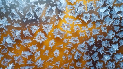 Leinwandbilder - Intricate ice crystal patterns on a frosted surface with an orange background showcasing nature's delicate beauty and unique textures.
