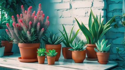 Fototapete - Vibrant assortment of houseplants in terracotta pots displayed on a table against a white brick wall creating a cozy home interior atmosphere.