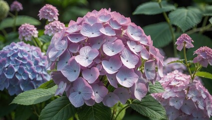 Wall Mural - panicled hydrangea blooming in vibrant colors with lush green foliage in a botanical garden setting,