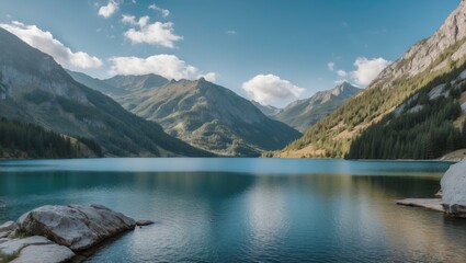 Sticker - Scenic Mountain Lake with Clear Blue Water and Expansive Sky Ideal for Inspirational Text or Quotes