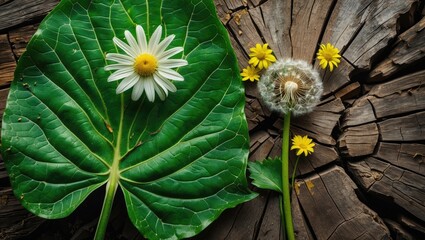 Wall Mural - Vibrant Green Leaf with White Flower and Dandelion on Textured Wood Surface in Nature Setting