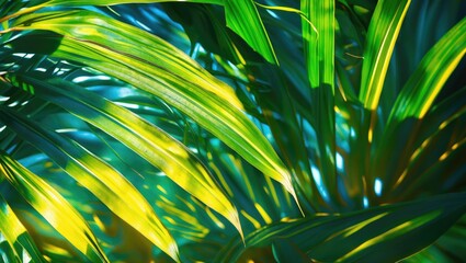 Wall Mural - Tropical palm leaves illuminated by sunlight creating a vibrant play of light and shadow in a lush green foliage background.