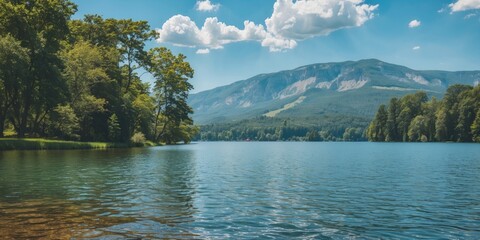 Sticker - Serene Lake Reflections in Summer Surrounded by Lush Greenery and Mountains Ideal for Tranquil Nature Themes and Text Placement