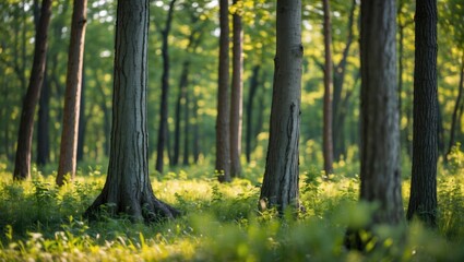 Sticker - Tranquil summer forest scene featuring tall tree trunks surrounded by lush greenery in Latvia's natural environment.