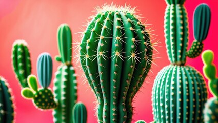 Wall Mural - Vibrant Macro Photograph of Unique Green Cactus Varieties Against a Colorful Background