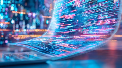 Futuristic Technology Concept: Data Stream on Laptop Screen with Abstract Coding