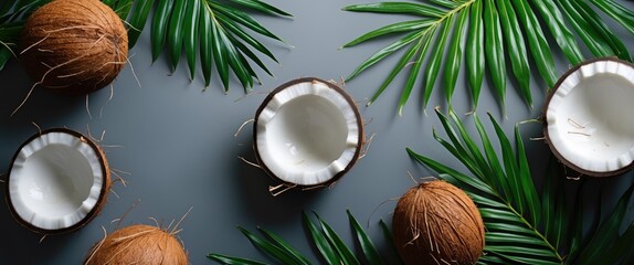 Wall Mural - Coconut halves and whole fruits surrounded by vibrant green palm leaves on a gray background with clipping path for design use.