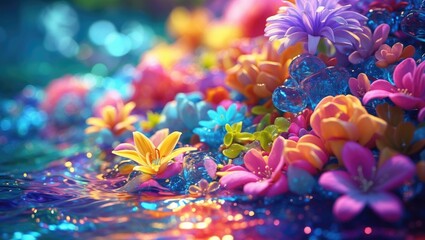 Wall Mural - Vibrant macro shot of colorful flowers amidst shimmering water creating a lively and enchanting nature background scene