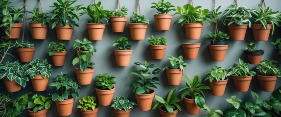 Wall Mural - Orderly Arrangement of Small Green Plant Pots on a Wall with Ample Empty Space for Text or Branding Elements in a Lush Setting