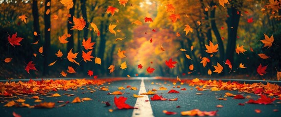 Sticker - Autumn scene with colorful leaves falling onto a quiet road surrounded by vibrant trees creating a serene seasonal atmosphere.