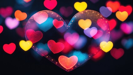 Wall Mural - multicolored bokeh hearts on a dark background, symbolizing love and romance for valentine's day cel