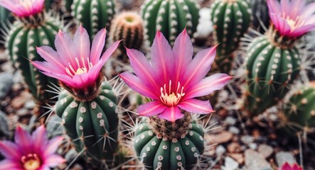 Wall Mural - Vibrant pink Mammillaria cactus flowers in full bloom on green cactus plants with room for text overlay in natural setting.