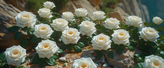 Wall Mural - Lush White Roses Flourishing on Rocky Terrain with Abundant Copy Space for Floral Themes or Text Integration