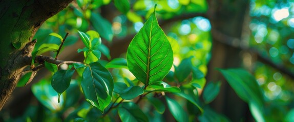 Wall Mural - Vibrant green leaf macro shot showcasing natural beauty in a lush Thai landscape with blurred background.