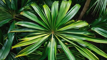 Wall Mural - Licuala orbicularis palm leaves viewed from above showcasing vibrant green foliage in a tropical environment.