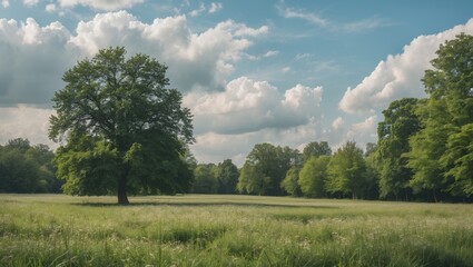 Sticker - Lush Meadow Landscape with Majestic Trees Under a Bright Sky and Clouds Ideal for Text Placement and Nature Themes