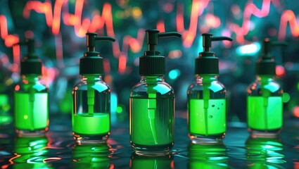 Wall Mural - neon green liquid in clear pumps illuminated on an abstract background with vibrant colors and refle