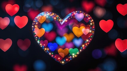 Wall Mural - Colorful bokeh heart shapes with blurred lights on a dark background creating a romantic atmosphere perfect for Valentine's Day celebrations.