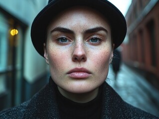 Wall Mural - Close-up portrait of a woman with freckles wearing a hat.