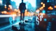 © MAGNIFIER - Investment progress concept, ascending step chart with dollar signs, blurred businessman in background, financial strategy and wealth building, stock photo with copy space.