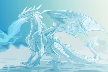 icy mist exhales from a vector dragon, crisp lines defining its form in a cool blue fantasy landscap