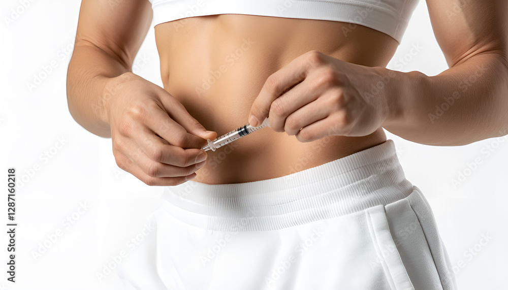 Young woman putting a hormonal injection in her stomach with pen ...