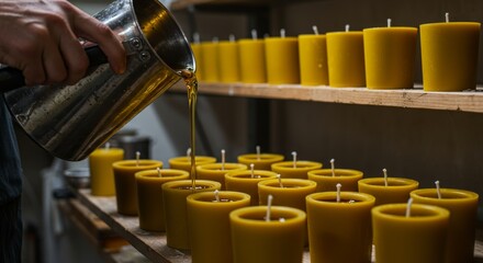 Artisan candle making, Pouring hot wax into molds in workshop setting