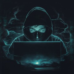 a sinister hacker sitting at a laptop, wearing a hood and a dark mask hiding the lower part of his f