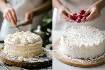 Poster - Delicious cake preparation showcasing whipped cream and fresh raspberries in a cozy kitchen setting. Generative AI