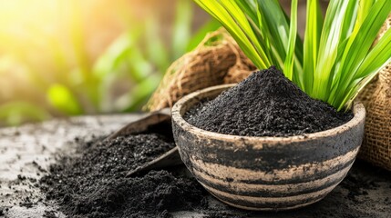 Wall Mural - Close-up of a rustic bowl filled with black soil, surrounded by green plants and burlap sacks