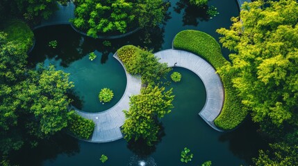 Wall Mural - Aerial view of a serene garden with winding paths and lush greenery surrounding a tranquil pond