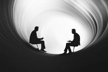 Aufkleber - Two individuals engaging in a deep conversation within a swirling, abstract background during an evening setting. Generative AI