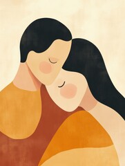 Poster - Two people embrace in a minimalist illustration showcasing affection in a warm and serene atmosphere. Generative AI