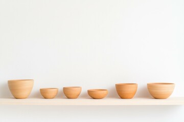 Wall Mural - Set of wooden bowls arranged on a simple shelf with a light background, showcasing natural textures and varying sizes, perfect for home decor or culinary styling