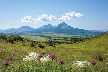 Wall Mural - A beautiful field of flowers with a clear blue sky in the background