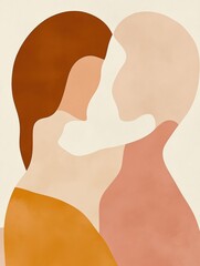 Poster - Minimalist illustration of two people embracing in a warm, intimate moment captured in soft colors. Generative AI